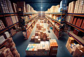 illustration of huge distribution warehouse with high shelves, huge sales warehouse, hundreds of thousands of products, endless factory photo