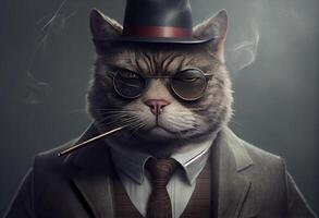 illustration of a cat as a mafia boss smoking photo