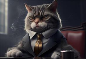 generativo ai ilustración de un gato como un mafia jefe de fumar foto