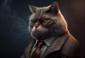 generativo ai ilustración de un gato como un mafia jefe de fumar foto