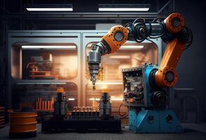 illustration of smart factory, robotic arm, industry 5.0, car assembly line, car manufacturer, 3D Robot automated team working, future process futuristic industry engineering background photo