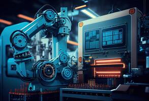 illustration of smart factory, robotic arm, industry 5.0, car assembly line, car manufacturer, 3D Robot automated team working, future process futuristic industry engineering background photo