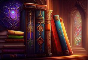 illustration of islamic library books, wallpaper, bright, attractive, love for books photo