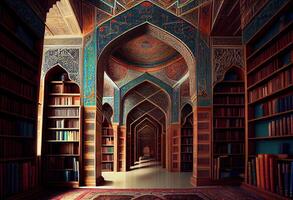 illustration of islamic library books, wallpaper, bright, attractive, love for books photo