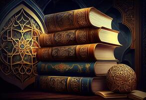 generativo ai ilustración de islámico biblioteca libros, fondo de pantalla, brillante, atractivo, amor para libros foto