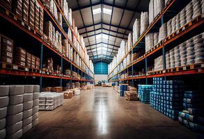 illustration of huge distribution warehouse with high shelves, huge sales warehouse, hundreds of thousands of products, endless factory photo