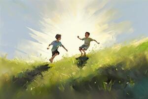 illustration of painting of two kids running on a grassy knoll, upwards into the sunlight, beautiful light photo