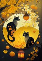 illustration of abstract design chinese new year, cats, spring colors, lantern, yellow Apricot blossom , surreal fantasy, chinese new year. photo