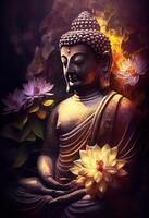 illustration of abstract lifelike buddha, flowers, magic lighting, beautiful metallic and stone colors, detailed, natural lighting, natural environment. photo