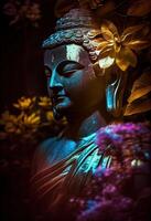 illustration of abstract lifelike buddha, flowers, magic lighting, beautiful metallic and stone colors, detailed, natural lighting, natural environment. photo