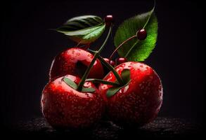 illustration of a macro lens extreme close up of red cherries, black background, vignette photo