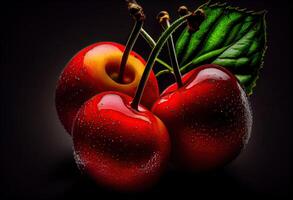 illustration of a macro lens extreme close up of red cherries, black background, vignette photo