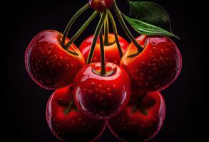 illustration of a macro lens extreme close up of red cherries, black background, vignette photo