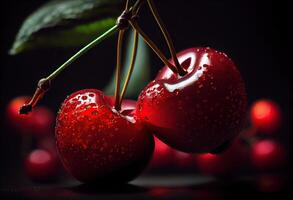 illustration of a macro lens extreme close up of red cherries, black background, vignette photo