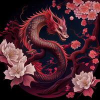 illustration of chinese dragon, astral background, chinese zodiac background, cherry blossom, flowers, chinese new year. photo