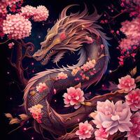illustration of chinese dragon, astral background, chinese zodiac background, cherry blossom, flowers, chinese new year. photo