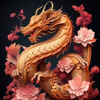 illustration of chinese dragon, astral background, chinese zodiac background, cherry blossom, flowers, chinese new year. photo