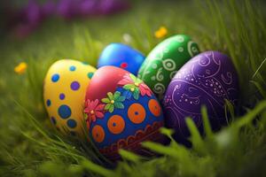 generativo ai ilustración de vistoso Pascua de Resurrección huevos en césped fondo, muy hermosa foto