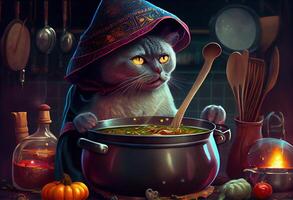 illustration of cute cat with cooking hat cooking soup at a restaurant, dark colors, colorful photo