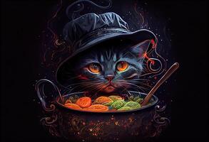 illustration of cute cat with cooking hat cooking soup at a restaurant, dark colors, colorful photo