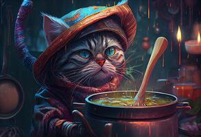 illustration of cute cat with cooking hat cooking soup at a restaurant, dark colors, colorful photo