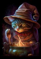 illustration of cute cat with cooking hat cooking soup at a restaurant, dark colors, colorful photo