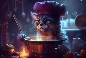 illustration of cute cat with cooking hat cooking soup at a restaurant, dark colors, colorful photo