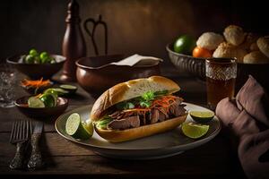illustration of professional food photographs of luxury banh mi, vietnamese bread, emphasizing the food's intricate details and fresh ingredients photo