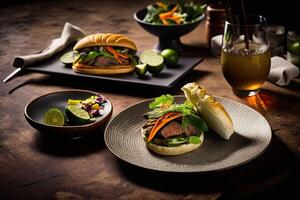 illustration of professional food photographs of luxury banh mi, vietnamese bread, emphasizing the food's intricate details and fresh ingredients photo