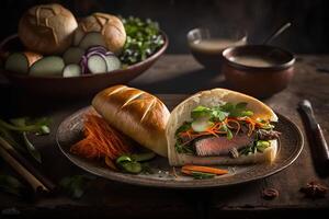 generativo ai ilustración de profesional comida fotografias de lujo banh mi, vietnamita pan, enfatizando el comida intrincado detalles y Fresco ingredientes foto