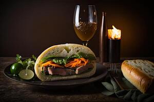 illustration of professional food photographs of luxury banh mi, vietnamese bread, emphasizing the food's intricate details and fresh ingredients photo