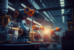 illustration of smart factory, robotic arm, industry 5.0, car assembly line, car manufacturer, 3D Robot automated team working, future process futuristic industry engineering background photo