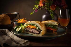 illustration of professional food photographs of luxury banh mi, vietnamese bread, emphasizing the food's intricate details and fresh ingredients photo