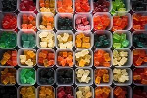 illustration of vast array of different gummy bear flavors in open square containers photo