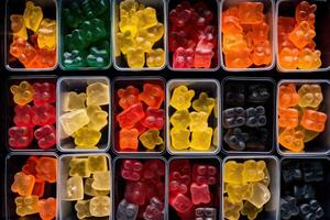 illustration of vast array of different gummy bear flavors in open square containers photo