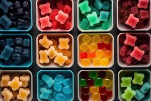 illustration of vast array of different gummy bear flavors in open square containers photo