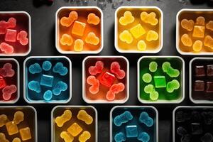 illustration of vast array of different gummy bear flavors in open square containers photo