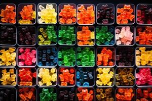 illustration of vast array of different gummy bear flavors in open square containers photo