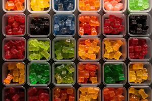 illustration of vast array of different gummy bear flavors in open square containers photo