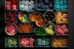 illustration of vast array of different gummy bear flavors in open square containers photo