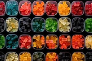 illustration of vast array of different gummy bear flavors in open square containers photo