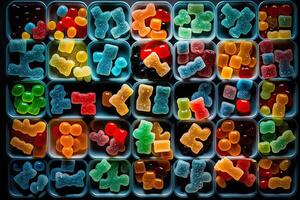 illustration of vast array of different gummy bear flavors in open square containers photo