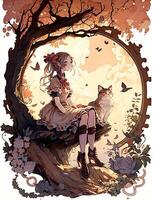 illustration of a cute girl is sitting under a tree, in the style of rococo-inspired art, mirror rooms, whimsical cats, kawacy, enchanting watercolors, magenta and brown photo