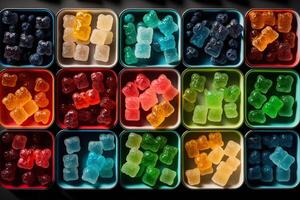 illustration of vast array of different gummy bear flavors in open square containers photo