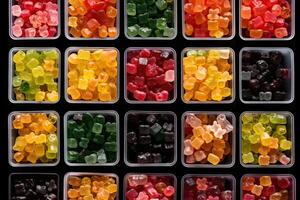 illustration of vast array of different gummy bear flavors in open square containers photo