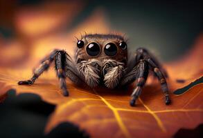 generativo ai ilustración de un saltando araña sentado en un hoja y mirando a el cámara, en el estilo de oscuro marrón y gris, exagerado facial características, heywood resistente foto