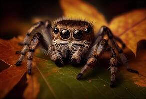 generativo ai ilustración de un saltando araña sentado en un hoja y mirando a el cámara, en el estilo de oscuro marrón y gris, exagerado facial características, heywood resistente foto