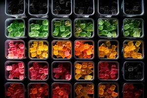 illustration of vast array of different gummy bear flavors in open square containers photo