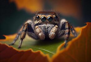 generativo ai ilustración de un saltando araña sentado en un hoja y mirando a el cámara, en el estilo de oscuro marrón y gris, exagerado facial características, heywood resistente foto