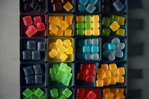 illustration of vast array of different gummy bear flavors in open square containers photo